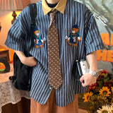Vertical Striped Japanese Retro Short Sleeve Casual Shirts Men Couple Top Bear Print Button Up Shirt Summer Punk Style