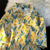 Vintage Fashion Flower Print Button Up Shirt Women Shirts Blouses Summer Casual Short Sleeve Streetwear Woman Shirts Harajuku