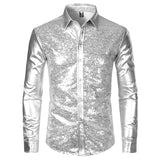 Foesce Night Club Wear Men's Dress Shirts Camisa Social Brand Slim Long Sleeve Shirt Men Coated Metallic Button Down Black Shirts