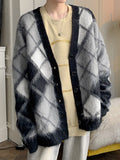 Foesce Lattice Mohair Knitted Cardigan Sweater Men's Loose Casual Patchwork Color V-neck Single Button Wear Out Tops