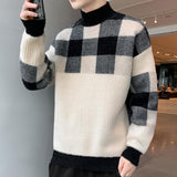 Fashion Half High Collar Knitted Spliced Lattice Korean Sweater Men's Clothing Autumn New Casual Pullovers Loose Warm Tops