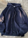 Foesce Autumn Japanese Jacket Simple Waffle Basic Solid Color Hooded Cardigan Unisex Loose Cityboy Urban Style Sweatshirt Coat