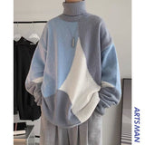 Men Turtleneck  Black White Stripes Harajuku Knitted Sweater Winter Vintage Knitwear Pullover Oversized Jumper Male Sweaters