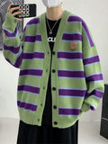Foesce -Men's Cardigan V-neck Sweaters Autumn Winter Contrast Color Stripe Sweaters Male Knitted Coat Single Breasted