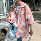 Foesce Fairy Tale Cute Duck Anime Button Up Shirt Kawaii Teenage Cool Beach Tops Oversized Loose Casual Men Women Streetwear Summer Tee
