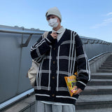 V Neck Knitted Cardigan for Men Casual Plaid Sweaters Korean Fashion Single-breasted Tops Mens Loose Knitwear Pullover