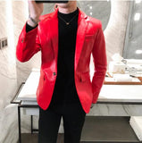 Foesce New Autumn Faux PU Leather Suit Jacket Men Korean Trendy Slim Fit White Red Black Fashion Streetwear Blazer Coat Male
