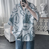 Summer Short Sleeved Shirts Men Korean Baggy Cartoon Elements Print Half Sleeved Blouses Casual Tops Male Y2K Clothes Oversized