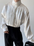 Foesce Chinese Pleated Stand Collar Jacquard Satin Trend Men's Shirt Long Sleeved Fashionable Autumn Male Tops Solid Color