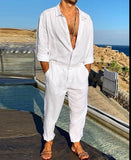 Foesce Men Jumpsuits Solid Color Cotton Lapel Long Sleeve Streetwear Casual Rompers Loose Button Leisure Men Overalls S-5XL