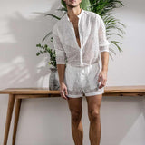 Foesce New Arrivals Men Set Summer Sexy See Through Lace Outfits Beach Fashion Short Sleeved Tops And Shorts Mens Two Piece Suits