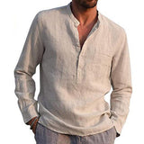Foesce Men's Casual Cotton Linen Shirts Solid White V Neck Men Long Sleeve Shirt Button Pocket Tops Blouse Pullovers Camisas De Hombre