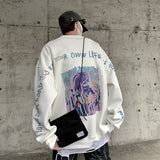 Hybskr Men's Cartoon Graffiti High Street Sweatshirt Oversize Male Letter Printed O Neck Hoodies Harajuku Unisex Pullovers
