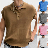 Leisure Solid Knitting Tops Men Sleeveless Buttoned Turn-down Collar Knit Vest Shirts Spring Summer Men's Clothing Fashion