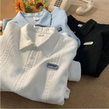 Foesce Lapel Long Sleeve T-shirt New Urban Cityboy Stripe Simple Top Unisex Spring Autumn Half Button Underlay Sweatshirt