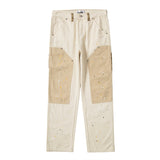 Hip Hop Khaki Cashew Flower Overalls Ink Splashing Rice White Multi-color Stitching Stiff Straight Canvas Retro Cargo Pants Men