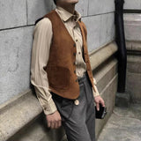 Men's Suit Vest Brown Suede V Neck Single Breasted Retro Tooling Waistcoat Formal Business Vest Groomman for Wedding Vest