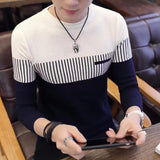 Foesce Autumn Men's Pullover Slim Fit Splicing Striped Knitted Sweaters Mens Knit Long Sleeve Brand Clothing Casual Newest High Quality