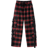 Men's Vintage Straight Pants Plaid Baggy Drawstring Trousers Multi-pocket Design Fall Hip Hop Casual Fashion Streetwear