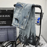 Punk Denim Pants Men Harajuku Flame Cross Print Color Block Baggy Jeans Male Straight Trousers Multi-Pockets New Autumn Winter