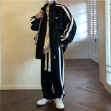 Foesce Stripe Sports Suit Men's Spring Autumn Casual Cardigan Sweatshirt Sweatpants Preppy Two-piece Set New Unisex Joggers Tracksuits