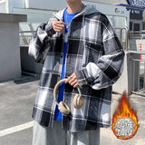 Winter College Style Plaid Hooded Jacket  Men Loose Fashion Woolen Fabric Male Hip Hop Thick Korean Couple Woolen Coat New