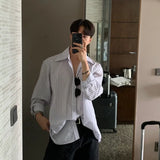 White Blue Striped Shirt Men Fashion Social Mens Dress Shirt South Korean Loose Long Sleeve Shirt Mens Oversized Casual Shirts