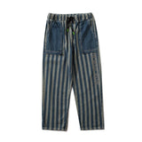 Fashion Mens Patchwork Pocket Loose Jeans Straight Fit Striped Printed Dad Jeans Elastic Waist Denim Pants Trousers For Male