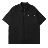 Summer Oversize Zip Up Shirt Men Baggy Blouse Fashion Harajuku High Street Rivet Short Sleeved Tops Clothing Male Plus Size 3XL