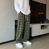 Casual Pants Men High Street Ins Fashion Wide Leg Spodnie Plaid Korean Style Handsome Students Corduroy Autumn Elastic Waist New