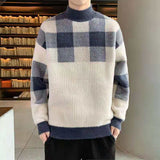 Fashion Half High Collar Knitted Spliced Lattice Korean Sweater Men's Clothing Autumn New Casual Pullovers Loose Warm Tops