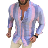 Foesce New Male Long Sleeve Mens Shirts Spring Autumn Striped Slim Fit Stand Collar Shirt Male Clothes Casual Male Shirt Tops