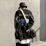 Hybskr Men's Cartoon Graffiti High Street Sweatshirt Oversize Male Letter Printed O Neck Hoodies Harajuku Unisex Pullovers