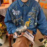 Giraffe Embroidered Zoo Denim Shirt Men Autumn New Vintage Style Casual Long Sleeve Casual Shirt Women Top Punk Style