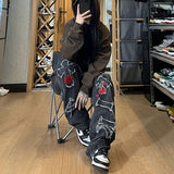 Foesce  New Rose Embroidery Jeans Y2k Aesthetic Old Jeans Women Casual Loose Wide-leg Harajuku Pants Vintage 90s Trousers