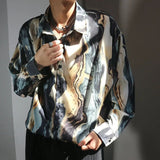 Silky Smooth Blouse Shirt for Men Korean Ruffian Dropping Loose Long Sleeve Shirts Spring Vintage Print Oil Painting Trendy Tops