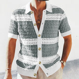 Foesce Casual Elegant Contrast Color Knitted Short-sleeved Shirt Men's Summer Slim Single-breasted Color Matching Hollow Lapel Top