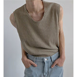 Texture Knitted Sleeveless O Neck Men T Shirt Casual Harajuku Loose All-match Oversized Summer Vest Streetwear Black Tank Tops