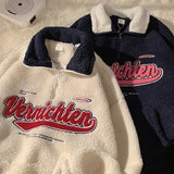 Foesce New Vintage Punk Sweatshirts Women Casual V-neck Long Sleeve Letter Embroidery Hoodie Harajuku Baseball Oversized Pullovers Tops