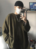 Foesce Autumn Winter Grunge Sweater Dark Black Men's Loose O-neck Warm Bottoming Shirt Knitted Tops for Men Women Vintage Sweater
