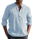 Foesce Men's Casual Cotton Linen Shirts Solid White V Neck Men Long Sleeve Shirt Button Pocket Tops Blouse Pullovers Camisas De Hombre