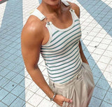 Tops American Style Men's Horizontal Stripe Blue&White Strap Buckle Design Vests Casual Men's Sports Knit Waistcoat