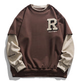 Foesce Vintage Flocked Letter Fake Two Patchwork Hoodie Pullover Harajuku Sweatshirts Men Hip Hop Streetwear Loose Casual Tops