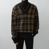 Autumn Winter Men's Fashion V-neck Plaid Sweater Tops Men Korean V-neck Knitted Tops Male Long Sleeve Loose Jumpers