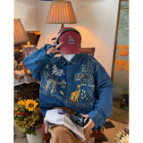 Giraffe Embroidered Zoo Denim Shirt Men Autumn New Vintage Style Casual Long Sleeve Casual Shirt Women Top Punk Style