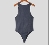 Men Bodysuits Solid Color O-neck Sleeveless Sexy Button Up Fashion Men Rompers Pajamas Fitness Cozy Bodysuits S-5XL