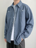 Spring New Button Pockets Men's Blue Denim Shirt Husband Fashion Long Sleeve Solid Cotton Slim Casual Shirts for Men