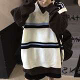 Couples Knitted Sweater Vest Japanese Pullover Retro Men Korean Fashion Loose Stripe Loose Casual Harajuku V Neck Golf Vest Men