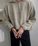 Turn-down Collar Zipper Sweater Men Autumn Korean Fashion Loose Pullover Solid Color Male Tops Casual