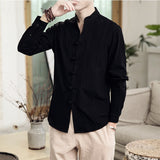 Men Casual Shirt Solid Retro Button Stand Collar Tops Cotton Linen Long Sleeve Chinese Traditional Shirts Men Streetwear